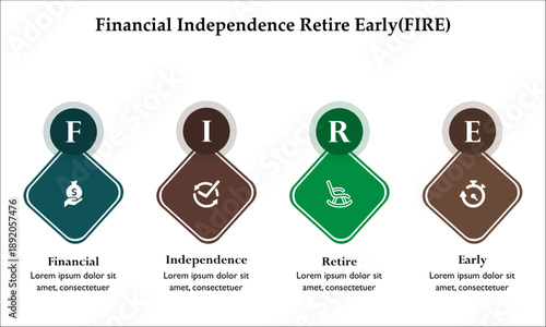 FIRE - Financial Independence Retire Early. Infographic template with icons and description placeholder