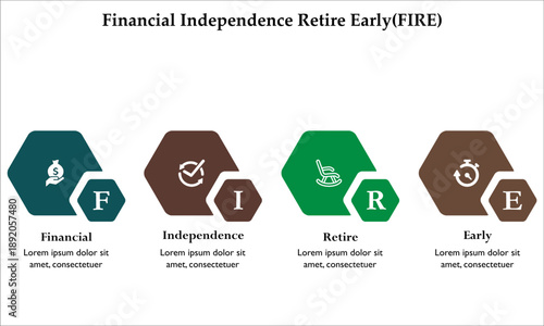 FIRE - Financial Independence Retire Early. Infographic template with icons and description placeholder