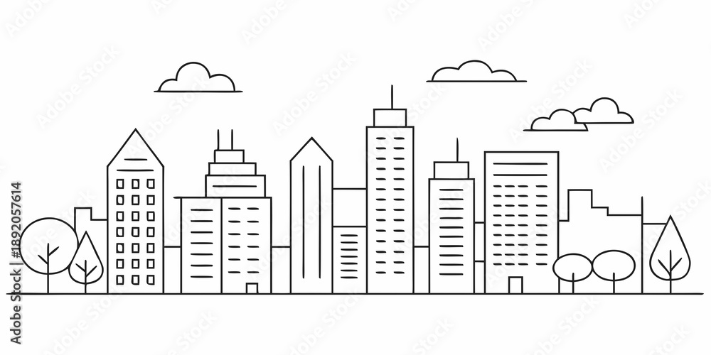 Naklejka premium Linear illustration of a city skyline with buildings and trees