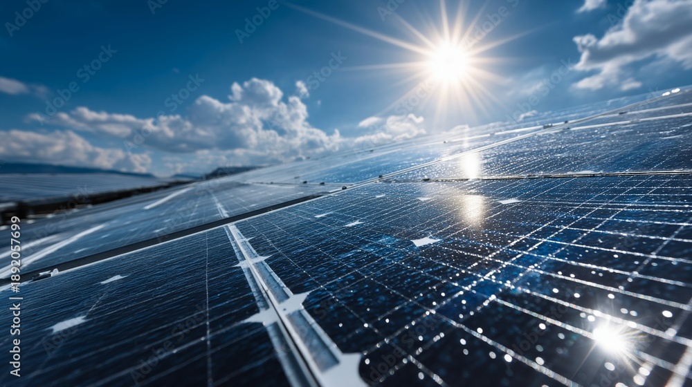 Naklejka premium Sunlight Reflecting on Blue Solar Panels / 青いソーラーパネルに反射する太陽光1