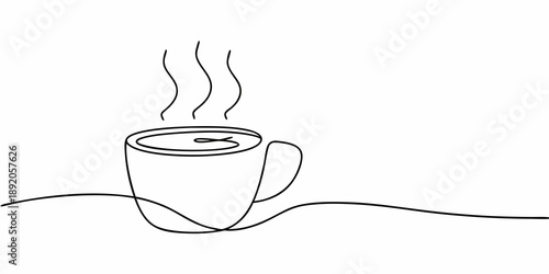 A single line drawing of a steaming hot beverage in a cup