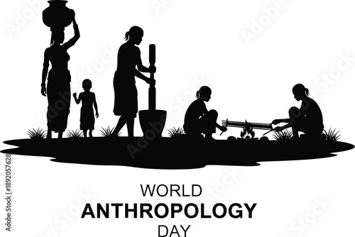 Silhouette of indigenous community members engaged in daily tasks like carrying water pounding grain and cooking near traditional huts celebrating world anthropology day