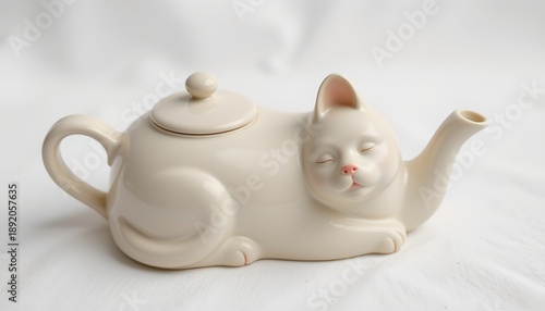 Wallpaper Mural An adorable ceramic cat sitting atop a teapot. The cat is in profile view, with its head turned slightly towards us. It has a calm expression on its face Torontodigital.ca