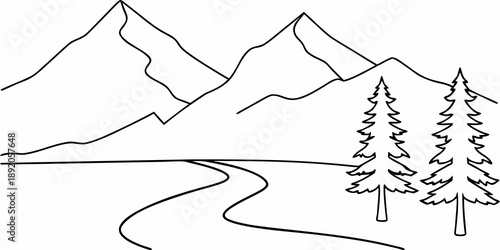 Simple line drawing of mountains trees and a winding road