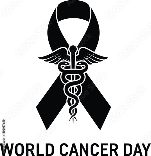 Black awareness ribbon featuring the caduceus medical symbol prominently centered above bold typography celebrating world cancer day awareness and remembrance