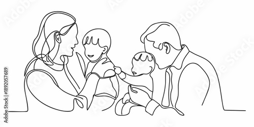 A family of four is depicted in a single continuous line drawing