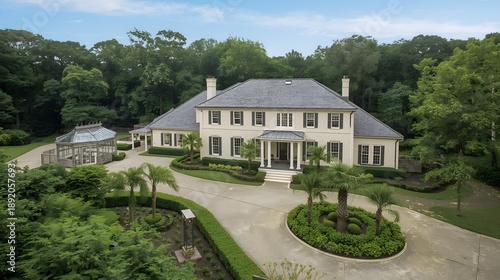 Luxury mansion estate aerial view with lush gardens and elegant architecture in sunny countryside setting