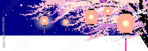 夜の桜並木と幻想的な提灯の光　お花見の背景イラスト