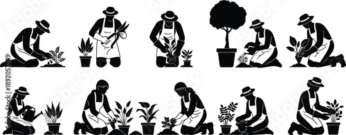 Gardening silhouette, people planting, watering plants, pruning trees, garden care, outdoor activity, horticulture, spring gardening, nature scene, flavector