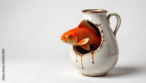 Wallpaper Mural A unique ceramic vase that has been creatively decorated to resemble a fish tank. Inside the vase, there's a small goldfish swimming around Torontodigital.ca