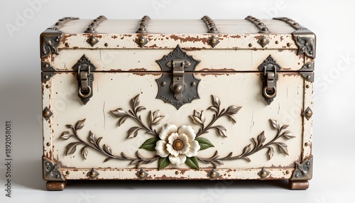 Wallpaper Mural An antique style metal trunk with decorative elements, such as floral patterns and intricate designs. The trunk has a vintage appearance with rustic metal surfaces and peeling paint areas Torontodigital.ca