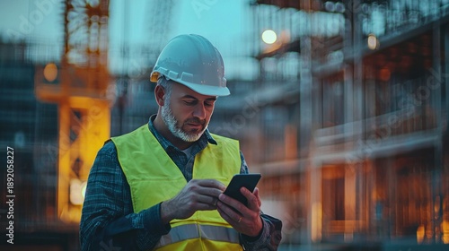 Construction worker using mobile phone
