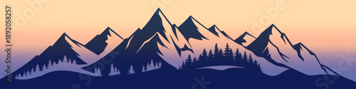 Sunrise in the mountains, wild forest and silhouettes of ridges, vector illustration