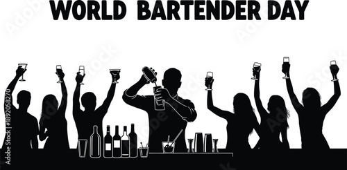 Celebrating world bartender day with a professional mixologist expertly shaking a cocktail while patrons raise their glasses in a cheerful toast silhouette design