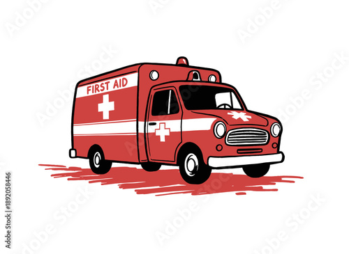 Vintage ambulance artwork for t-shirt. Retro first aid emergency vehicle graphic. Emergency response illustration. Medical urgency concept. Old school