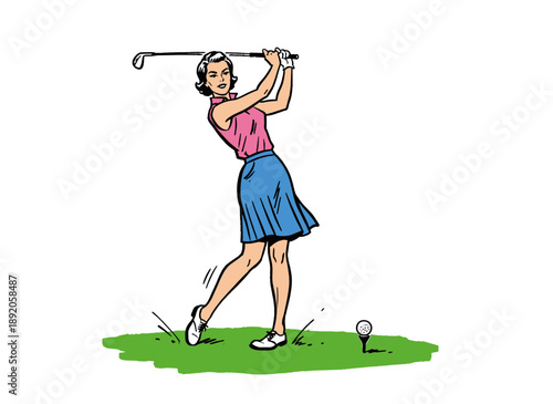 Vintage woman golf player artwork. Female golfer takes a powerful swing. Retro sports illustration design. Pop art graphic print for apparel. Classic