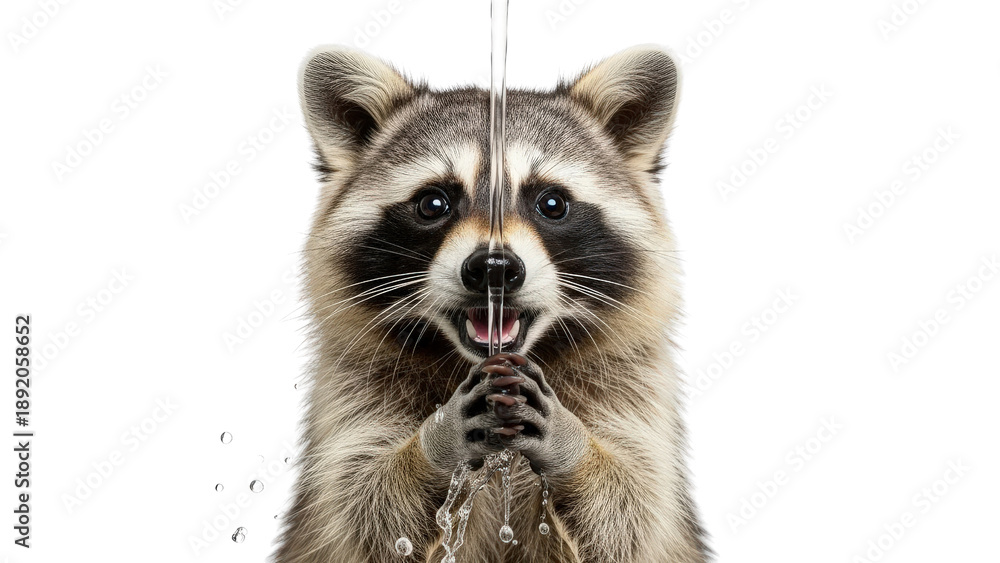 Obraz premium Curious raccoon posing with front paws raised.
