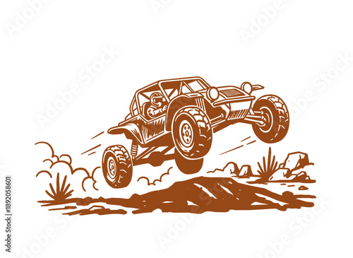 Dune buggy jumping extreme race print design. Off road challenge artwork for t shirt print, poster, sticker. Desert vintage racing graphic. Fast off r
