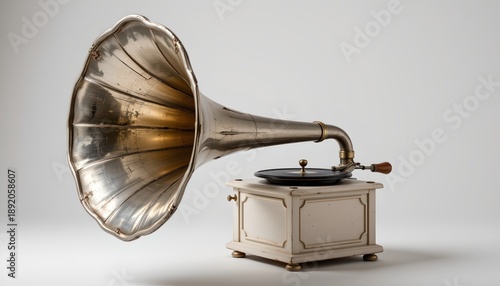 Wallpaper Mural An old fashioned phonograph with a cylinder player on a pedestal, positioned to the left side. The phonograph is silver and has an open cabinet, revealing its mechanical components Torontodigital.ca