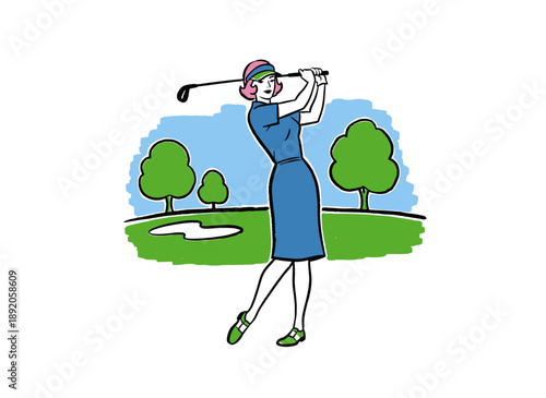 Vintage golf player vector graphic art. Retro woman playing golf design. Summer sports activity illustration. Classic golfing club artwork for t-shirt