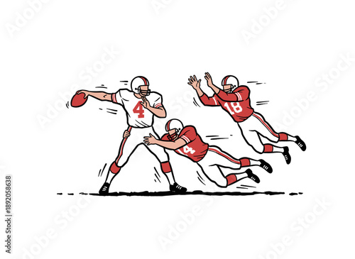 American football game action graphic. Retro illustration for apparel print. Quarterback pass and tackle moment. Sports league champion artwork. Vinta