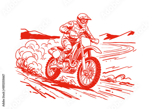 Motocross rider vector design. Dirt bike artwork for apparel. Extreme sports racing illustration. Off road adventure. Vintage biker sketch graphic