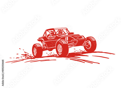 Off-road racing buggy illustration design. Extreme sport vector artwork for t-shirt. Desert rally speed challenge graphic print. Fast wheels concept d