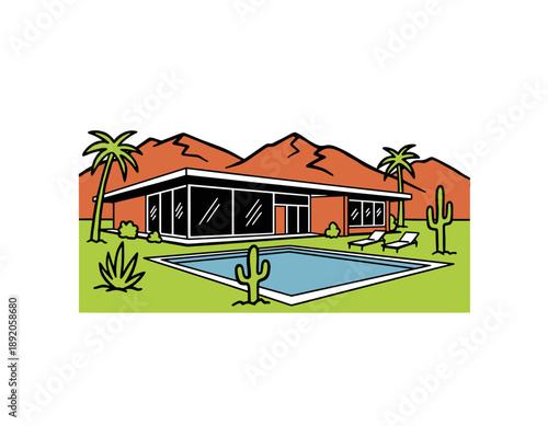 Palm Springs vintage resort artwork. Mid-century modern house illustration. Desert house with swimming pool design. California tropical vacation poste