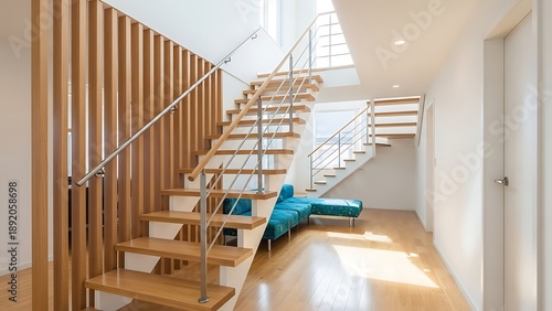 A modern interior showcases a stylish wooden staircase with a sleek metal railing ascending towards a bright skylight and blue seating high quality professional detailed elegant
