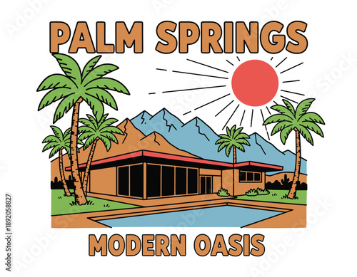 Palm Springs resort modern oasis design. Vintage desert vacation graphic print. Mid century modern architecture artwork. California travel sticker or