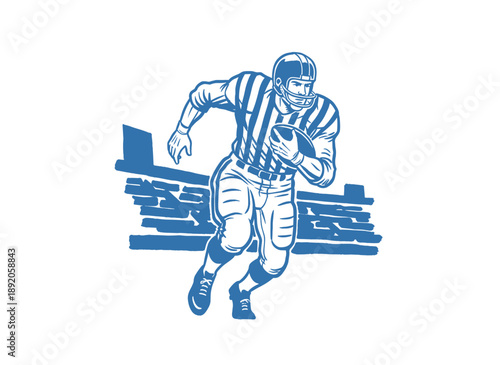 American football player rushing artwork. Vintage sports graphic design for apparel. Retro athlete running with ball. Touchdown champion league artwor