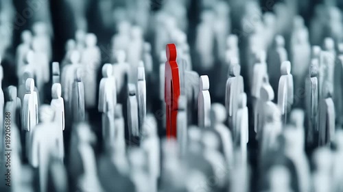 A single red figure amidst a crowd of gray figures