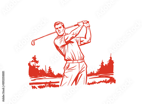 Golfer swing vector artwork design for t-shirt. Vintage golf club sport graphic print. Classic golfing championship illustration. Retro sport apparel