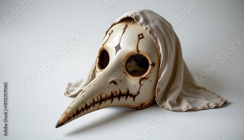 Wallpaper Mural An image of a skeletal skull wearing a beige face mask with intricate detailing. The mask has a brown stained appearance and is placed against a white background. Torontodigital.ca