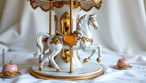 Wallpaper Mural A whimsical display featuring a white carousel horse adorned with gold accents, sitting on a rotating stand that resembles a merry go round Torontodigital.ca