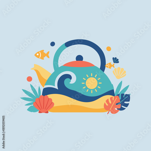 A stylized teapot vector illustration with a beach scene, featuring waves, sun, and sand, adorned with tropical leaves, fish, and seashells.