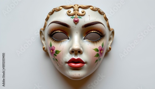 Wallpaper Mural A close up view of a masked face with intricate facial features. This mask has exaggerated makeup and is adorned with flowers and jewels, showcasing a decorative and artistic style Torontodigital.ca