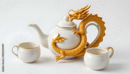 Wallpaper Mural A tea set with an Eastern aesthetic, featuring a dragon design element. This includes a teapot, a sugar bowl, two cups, and possibly a small creamer or a second cup that is not fully visible Torontodigital.ca