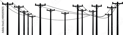 A cluster of utility poles with tangled overhead power lines forming a complex network in silhouette