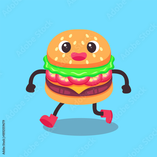 Cute Running Burger Character Flat Vector Illustration