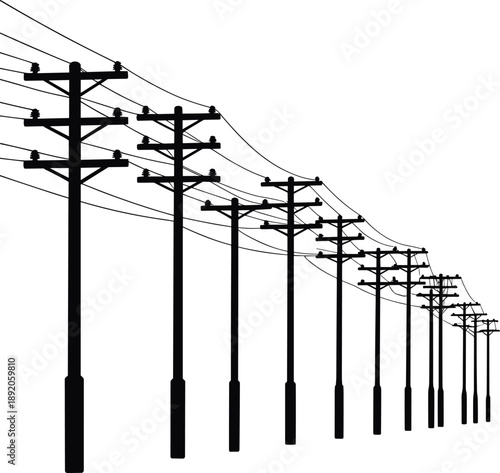 A descending line of black silhouette electricity poles with wires stretching diagonally across a white background