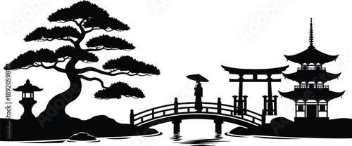 Japanese landscape silhouette, bonsai tree, torii gate, pagoda scene, umbrella figure, garden bridge, cultural heritage, flavector