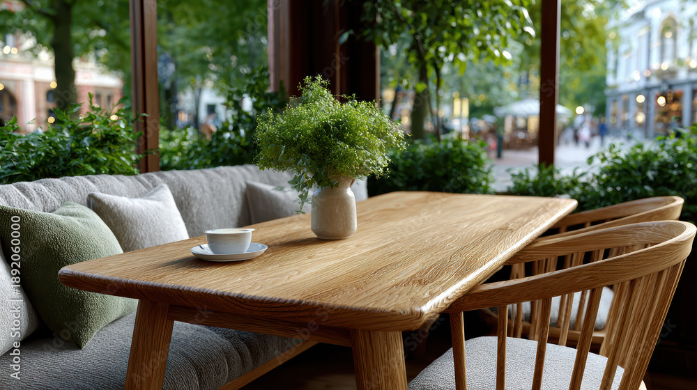 Fototapeta premium Cozy cafe interior wooden table natural light green plant serene seating coffee cup view outside street