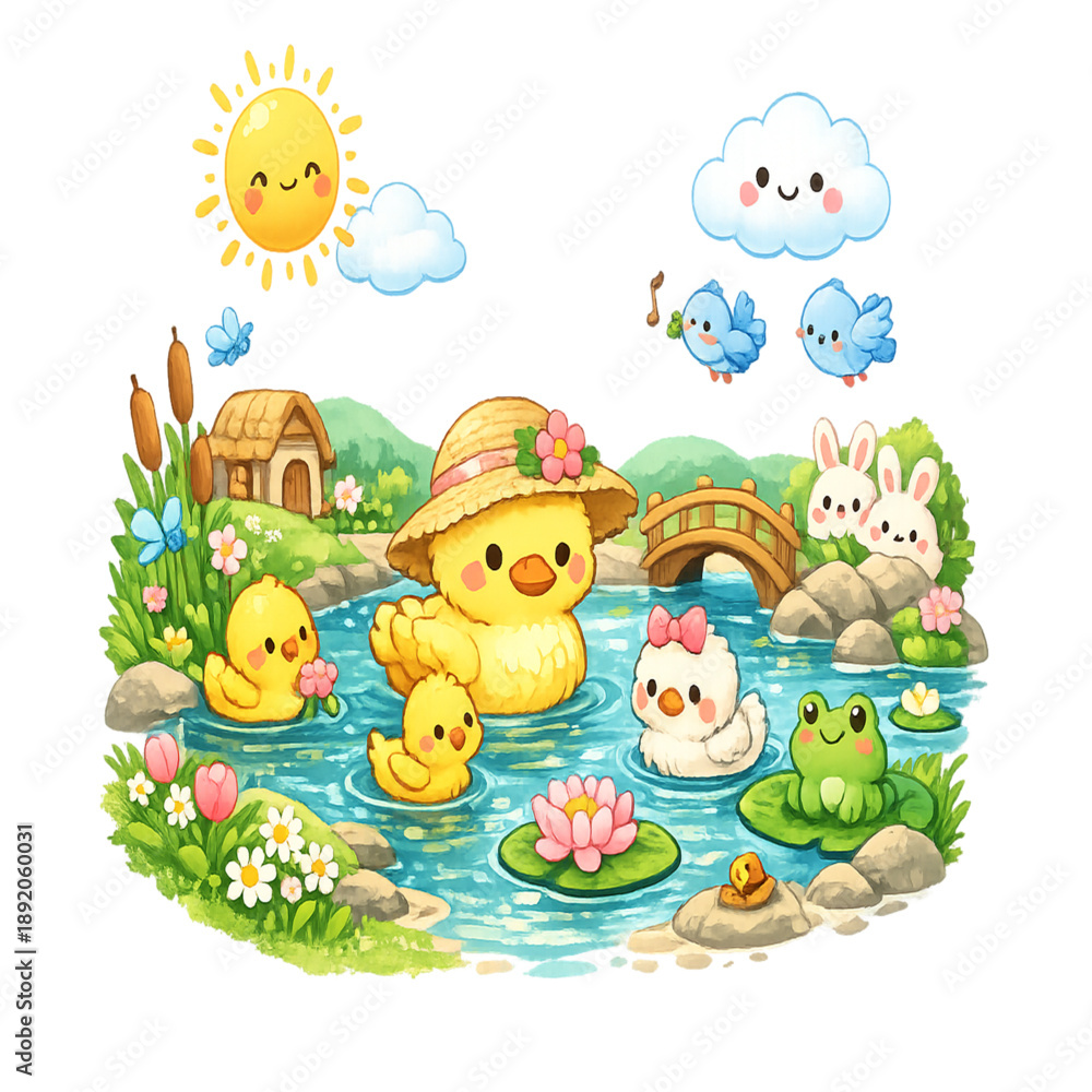 Naklejka premium Springtime pond family fun