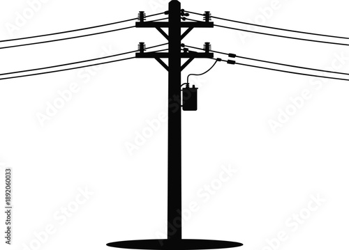 A single black silhouette utility pole with a transformer and multiple power lines extending outwards on a white background