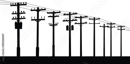 A row of diverse utility poles with overhead power lines stretching across a white background in silhouette