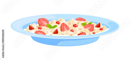 Cartoon oatmeal porridge in blue plate. Vector creamy oat cereal food, natural sweet meal with grain flakes, strawberry berries, currant or mint. Healthy breakfast portion isolated on white background
