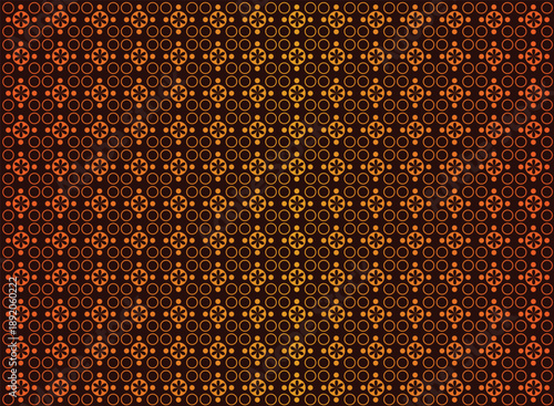 Ornate ethnic background featuring repetitive geometric circles. Traditional asian fabric design with floral symbols.