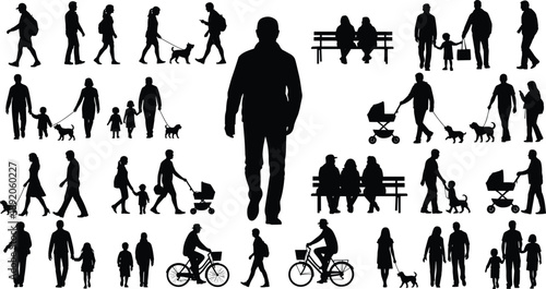 Large Set of Black Silhouettes Featuring People Walking Dogs Using Strollers Riding Bicycles and Sitting on Benches for Urban Design,