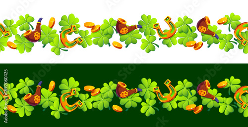St Patrick borders with shamrock clover, horseshoe and golden coins, vector decoration. Irish holiday or Saint Patrick dividers with green trefoil clovers and leprechaun gold coins for frame borders
